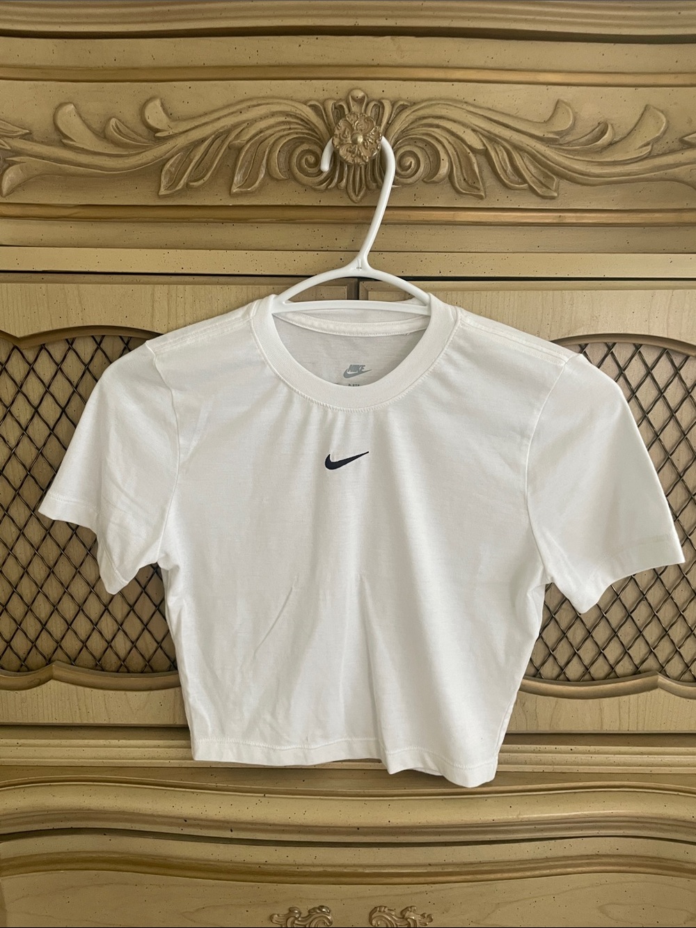 Nike White Cropped Crew Tee with Navy Swoosh